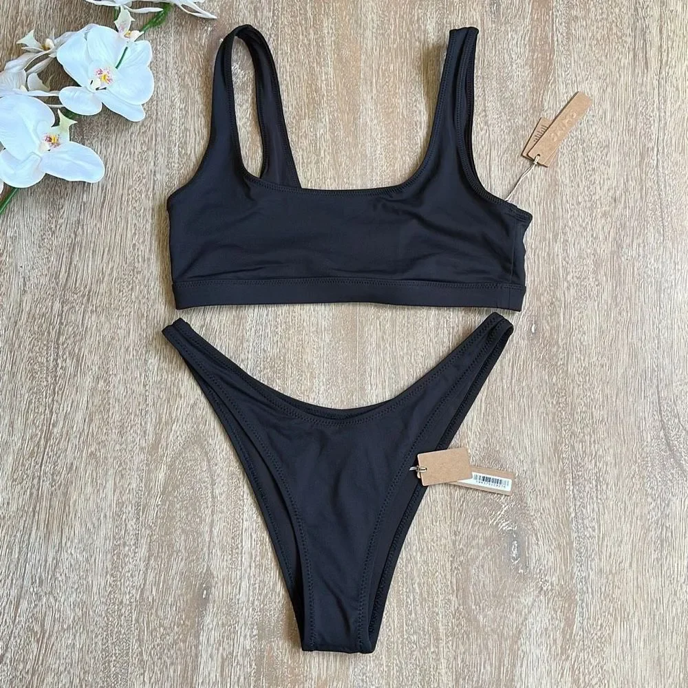 SKIMS Signature Swim Tank Bikini Top & Cheeky Tanga Onyx Size M